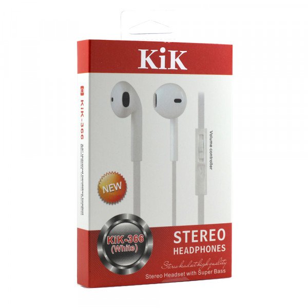 Wholesale KIK 366 Stereo Earphone Headset with Mic and Volume Control (366 White)